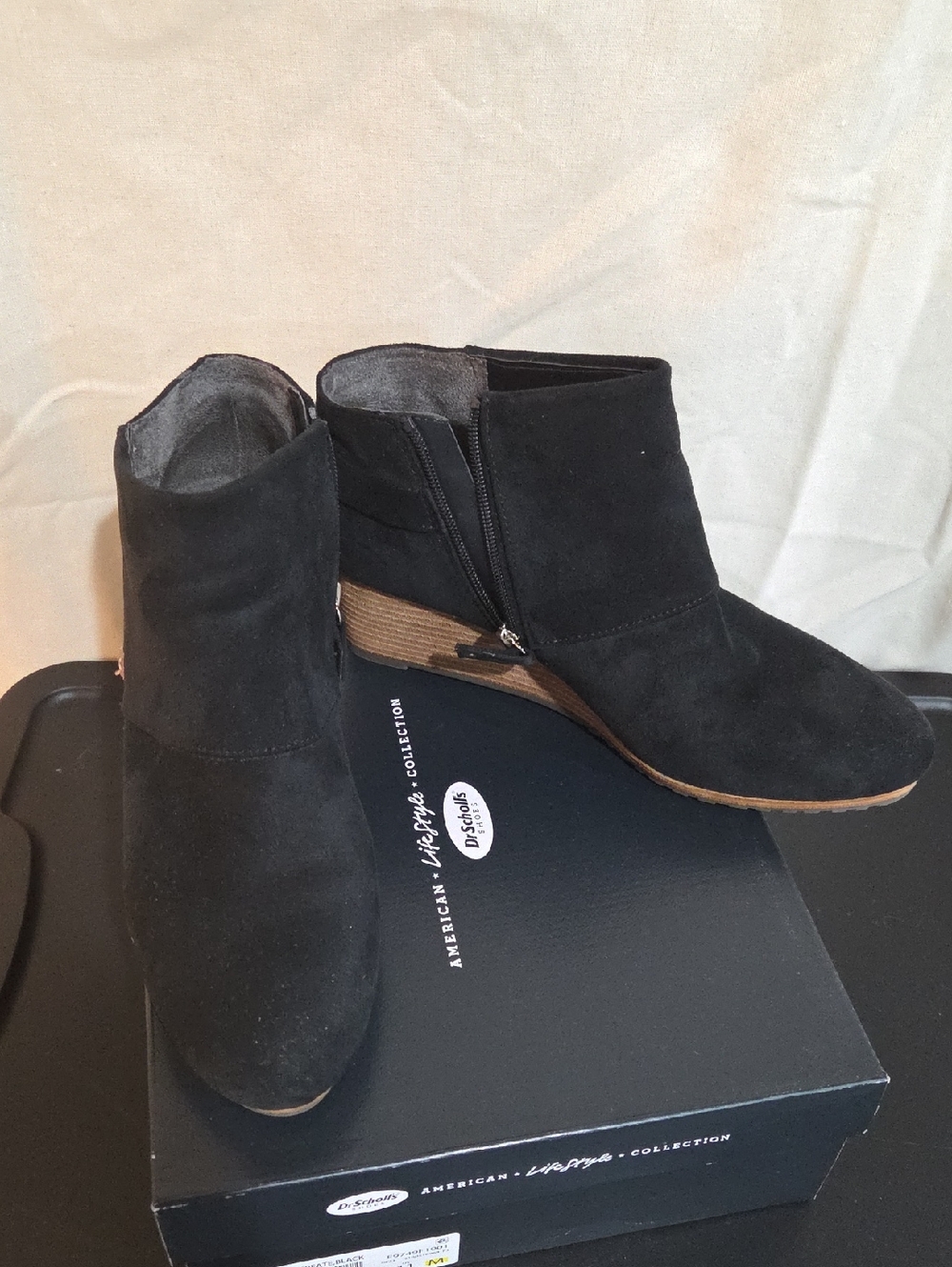Dr. Scholl's Black Suede Ankle Booties with Wood-Look Heel